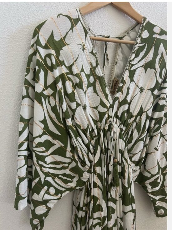 Tropical Floral Maxi Dress | Green White | L/XL | Resort Kimono Sleeve - Picture 3 of 11
